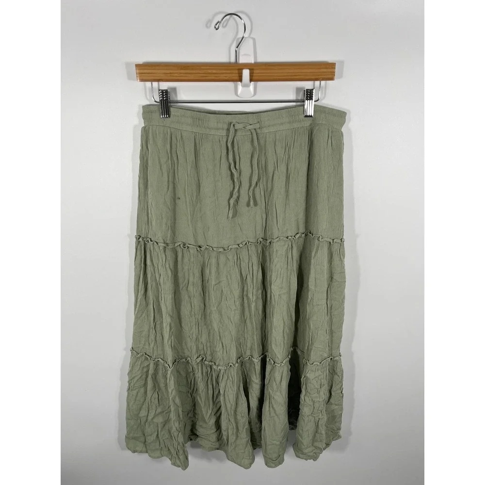 Womens Tiered Maxi Skirt L Green Ruffle Boho Cottage Forest Fairy Beach Stretch